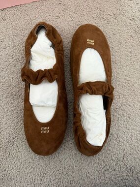 Miu Miu Brown Suede Girls Mary Jane Flats with Gold Logo